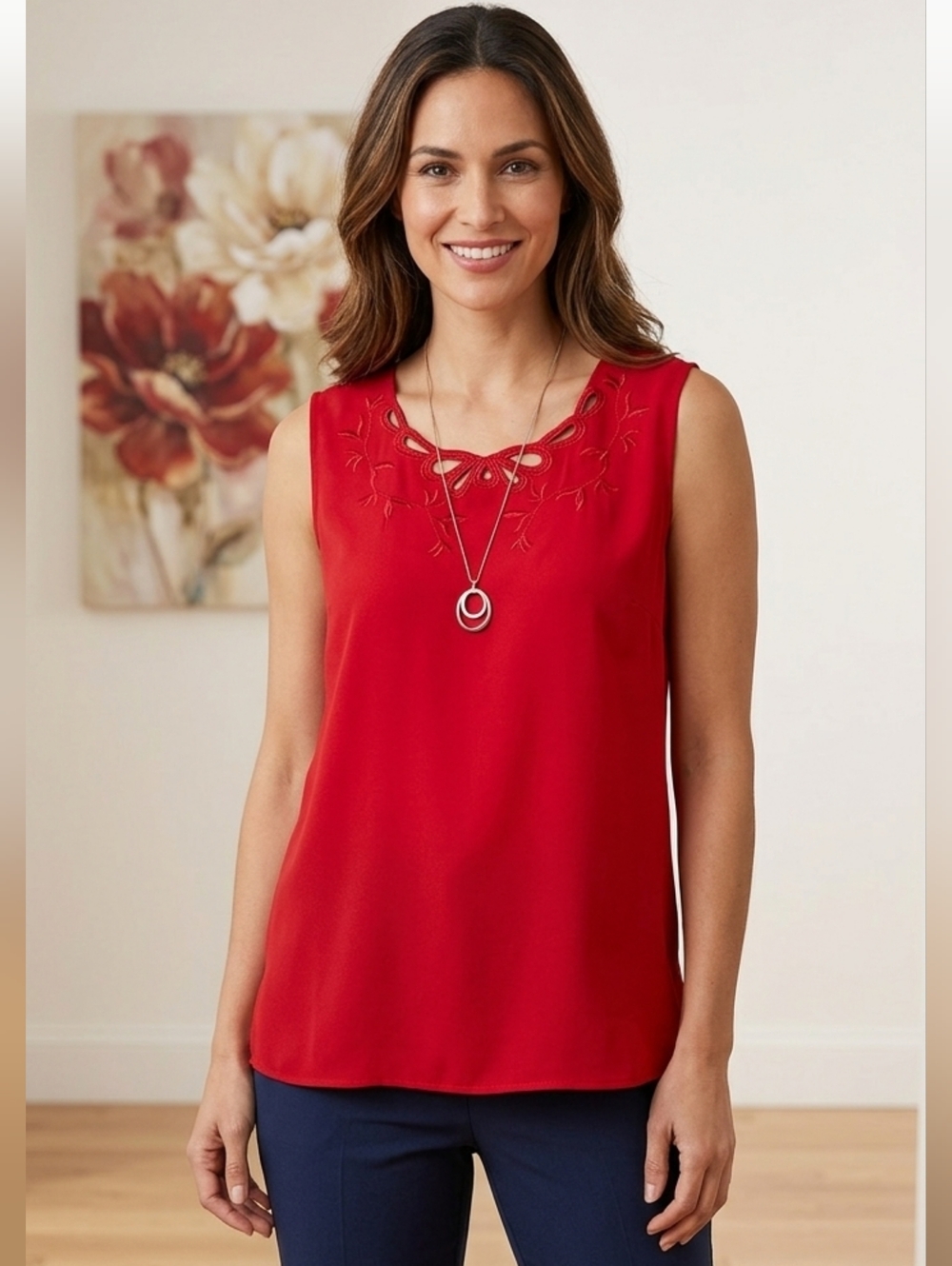 Beta's Choice Vibrant Red Sleeveless Blouse - Embroidered Cutout Neckline - XL